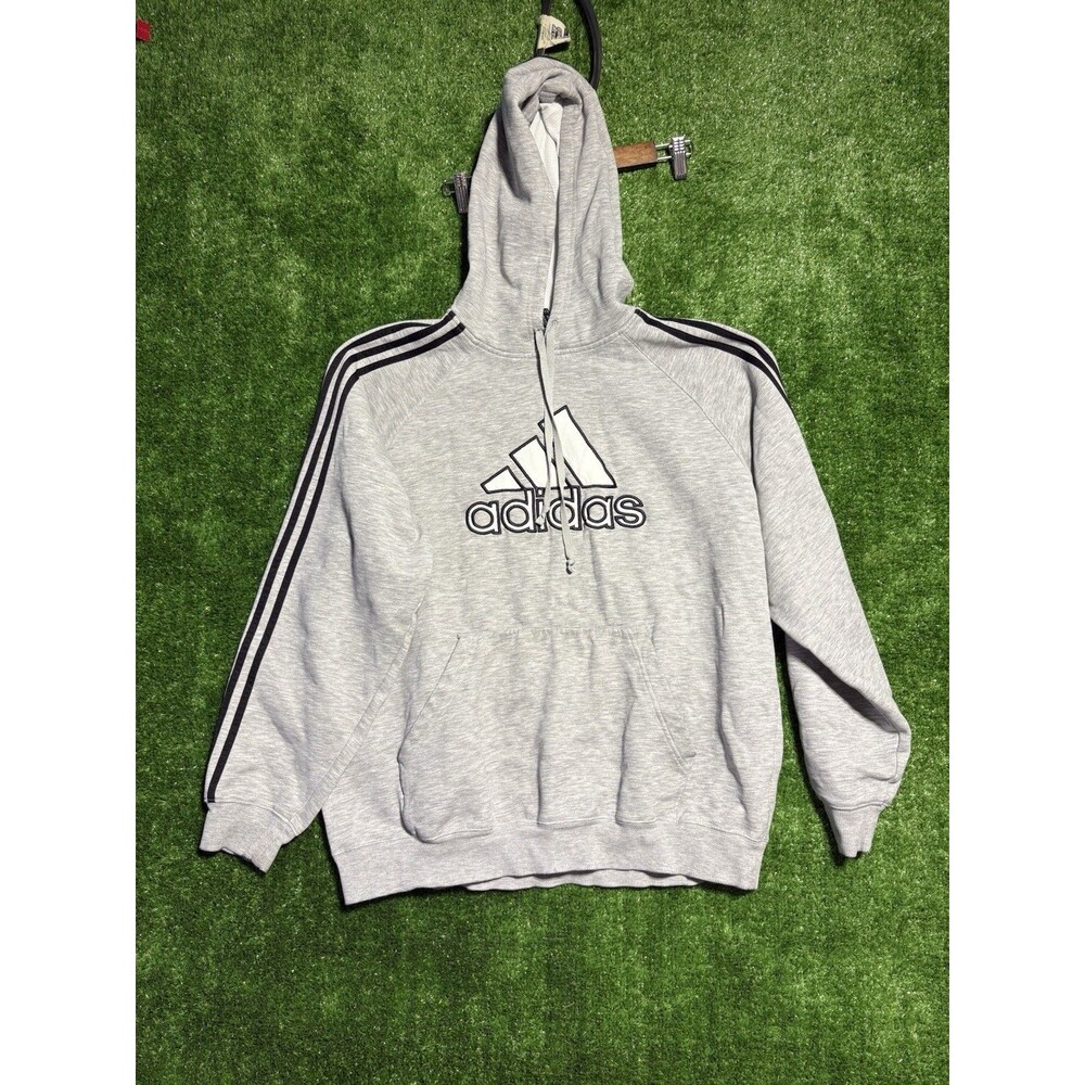 Mens Vintage Y2K Adidas Pullover Hoodie Sweatshirt Size XL Grey 3-Stripes Logo